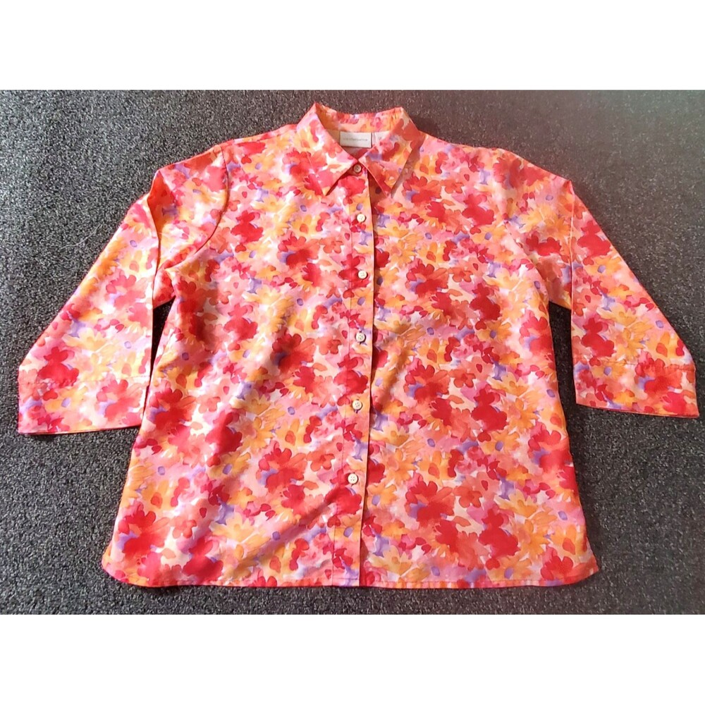 Liz Claiborne Blouse Women's Large Pink Orange Floral Cottagecore Colorful Fun